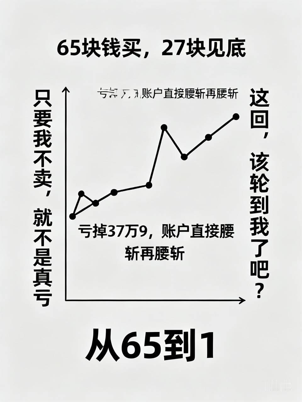 65块钱买，27块见底，亏掉37万9，账户直接腰斩再腰斩，换你，你慌不慌？

可