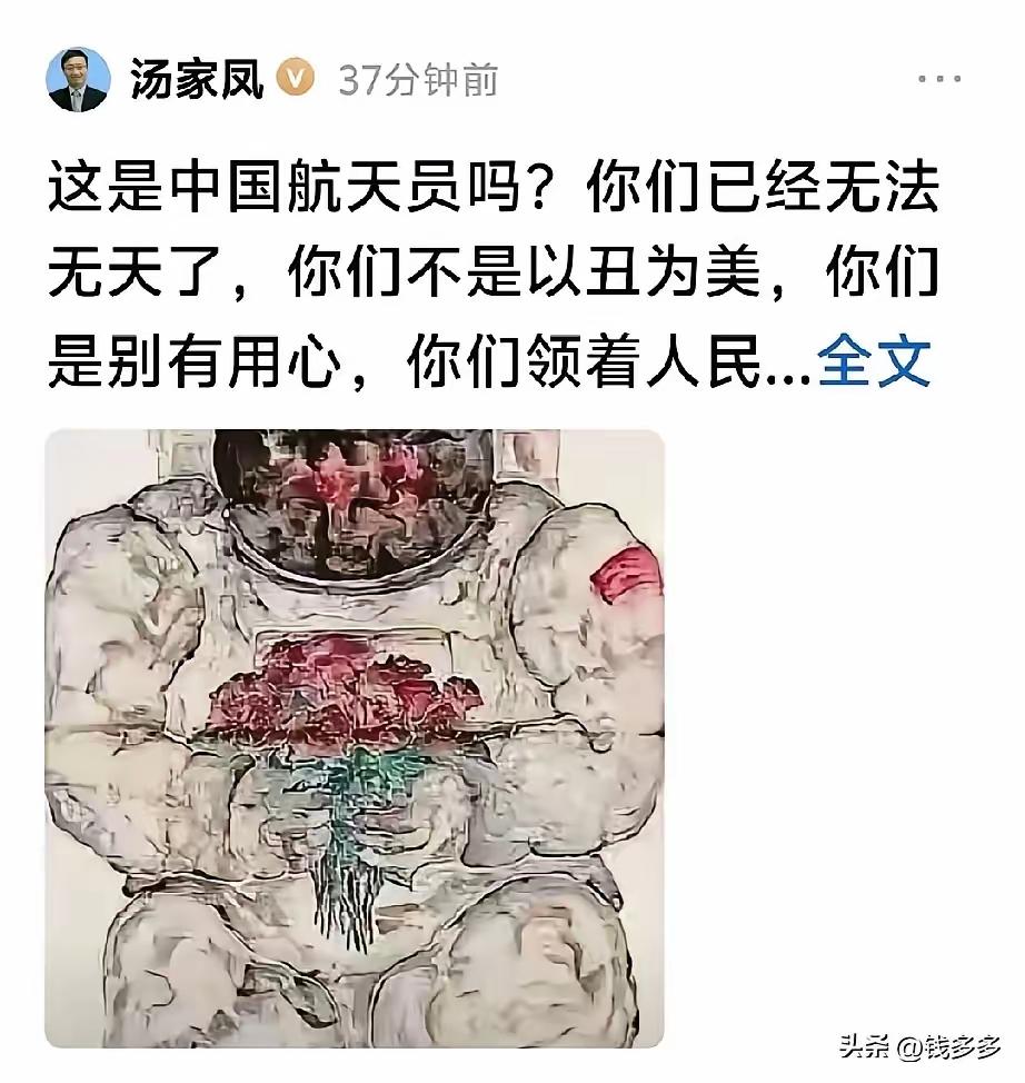 今天下午，南京大学博士汤家凤发了一条头条，只有短短几行字：
​“这是中国航天员吗