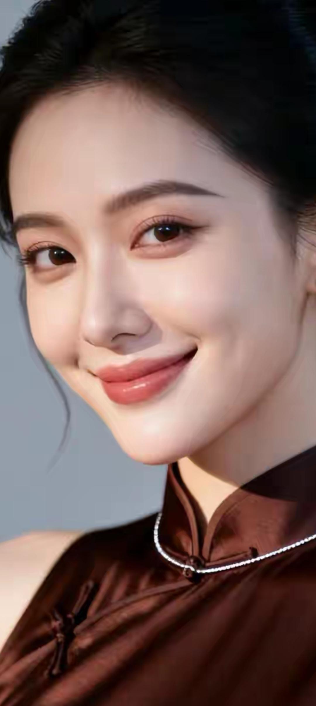 温柔甜美的笑容，优雅的棕色连衣裙，散发着迷人的魅力。