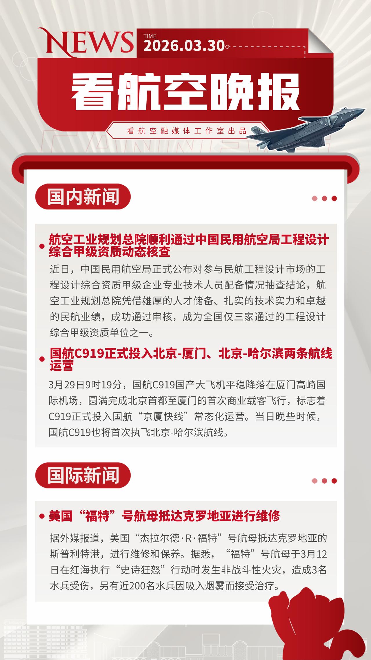 3.30晚报
航空工业规划总院顺利通过中国民用航空局工程设计综合甲级资质动态核查