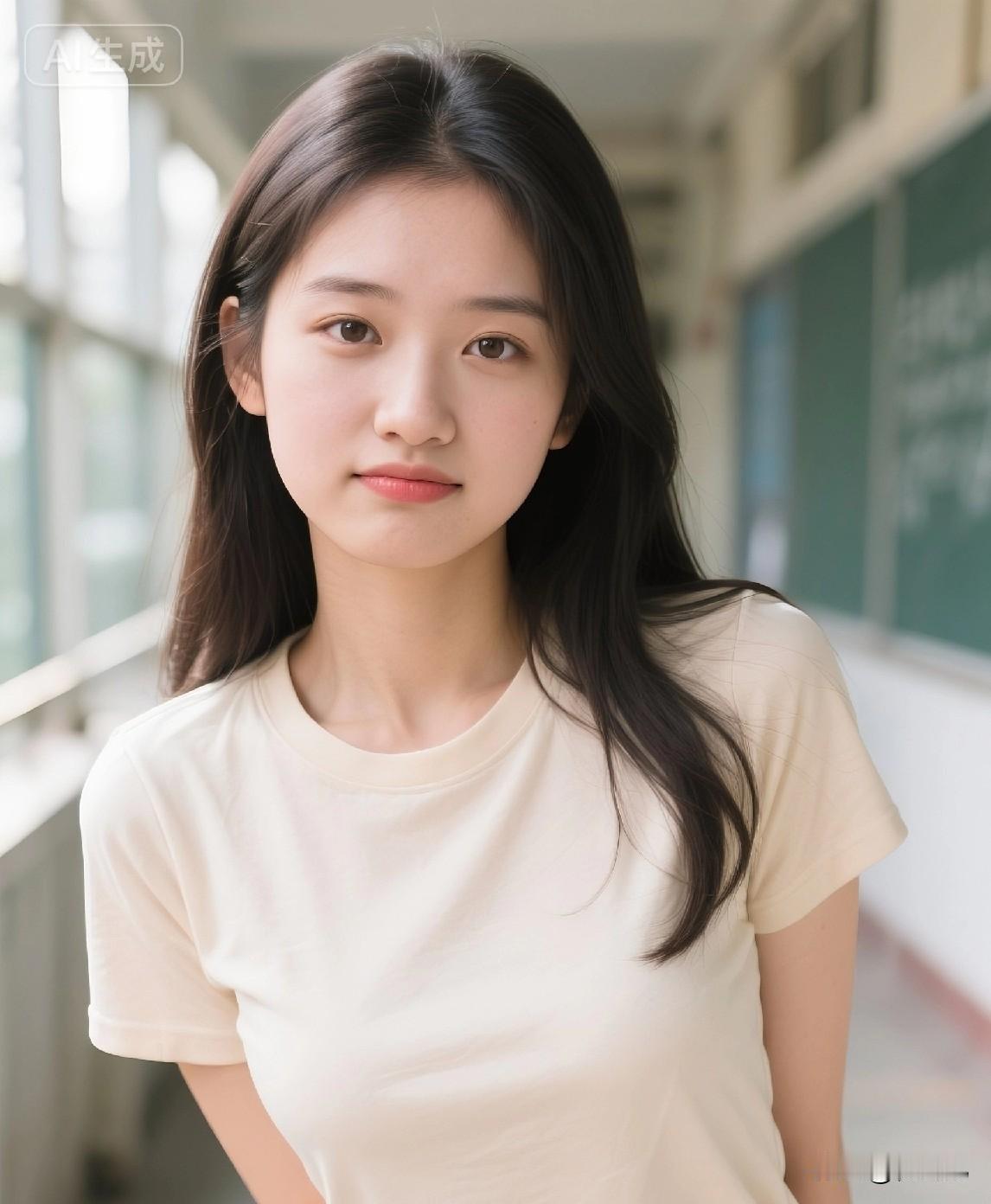 她静静站在光影里，嘴角微扬，仿佛在等一句轻轻的“好久不见”，温柔又治愈。少女感笑