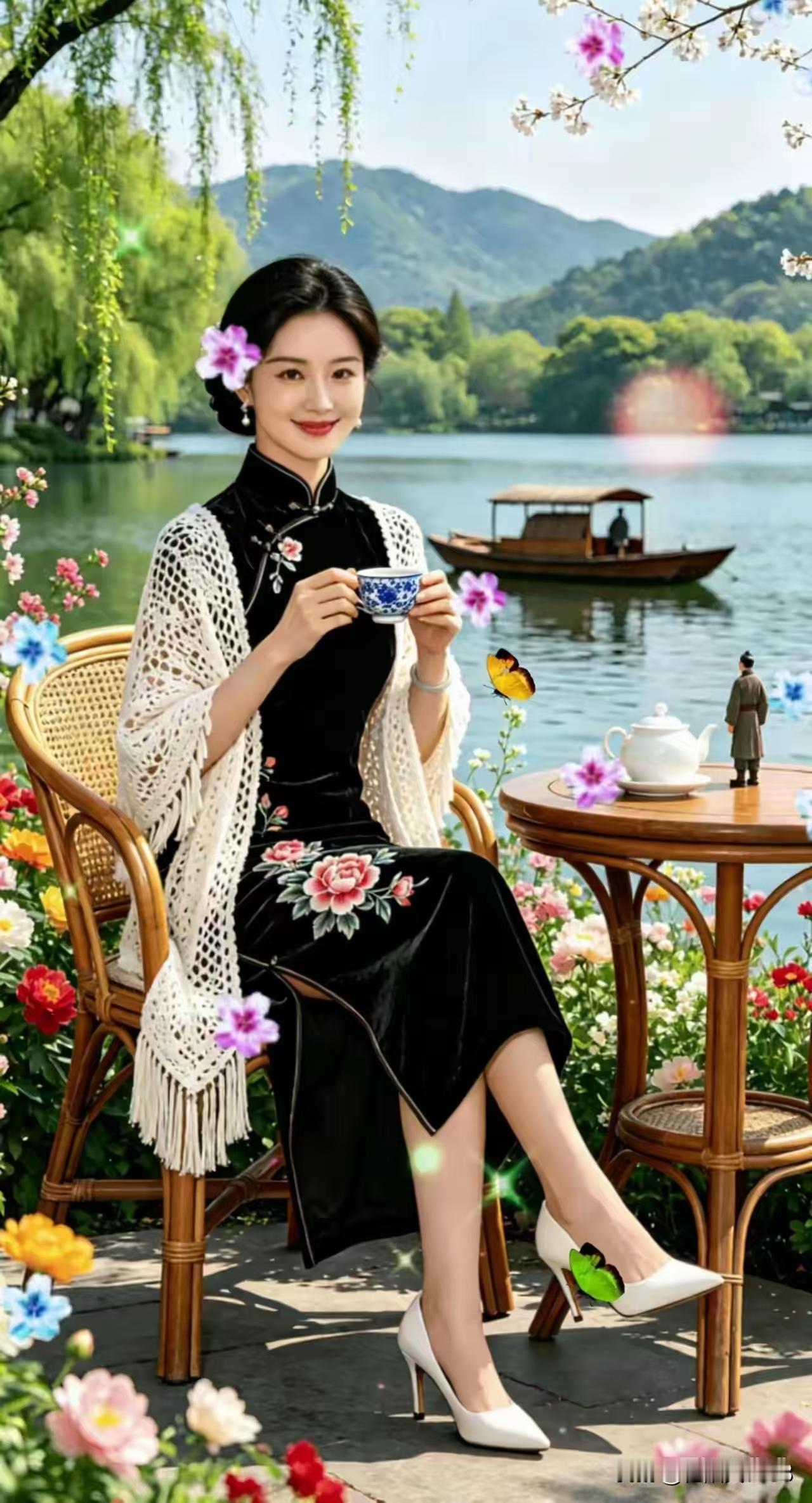 捣练子·西湖茶事
风拂柳，水笼纱。
一棹清波落晚霞。
素袂旗袍擎茗盏，
静随飞花