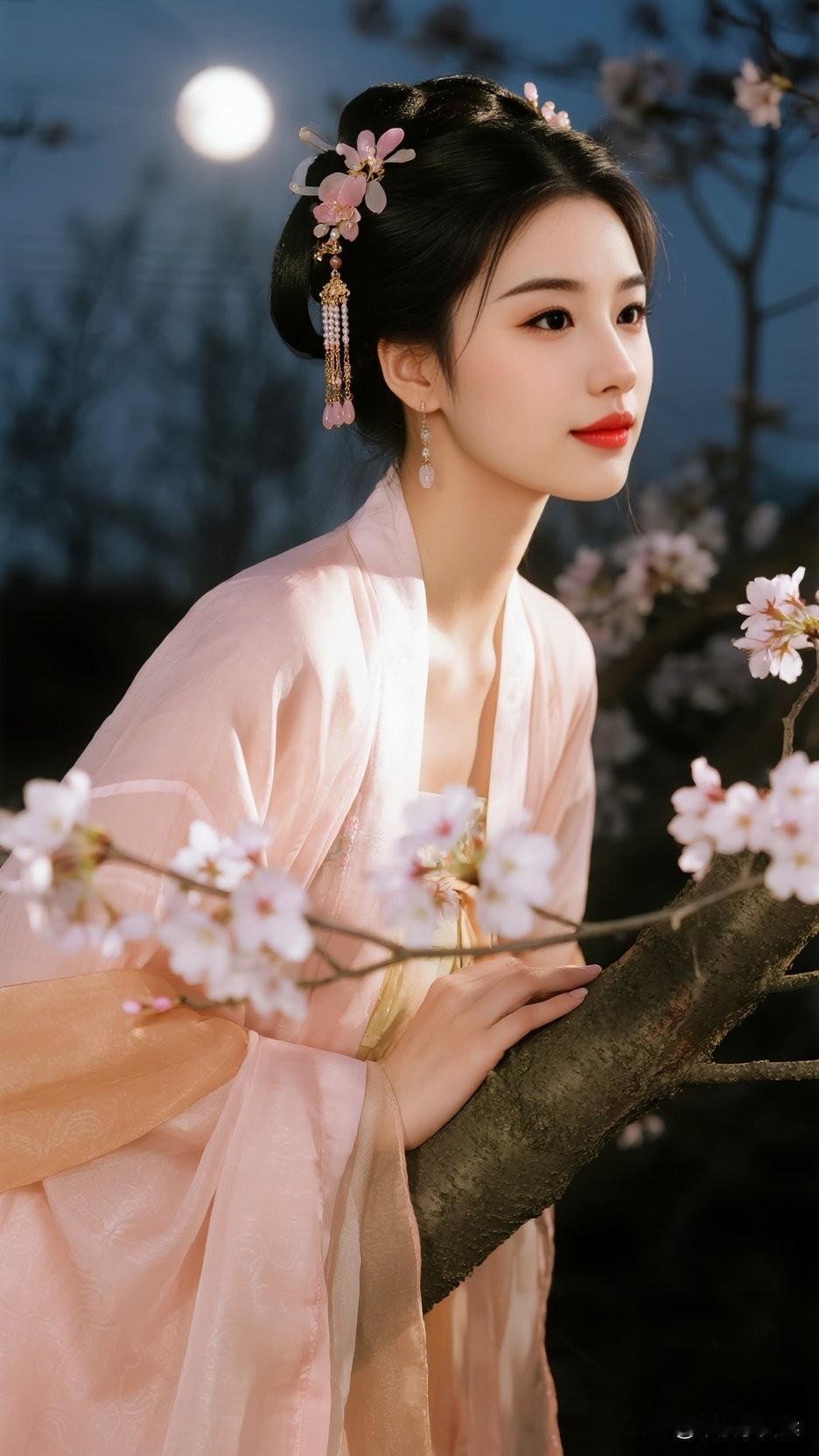 月色如水，花影婆娑，古风美人倚树而立，静谧如画。娇娇白月光，却不及佳人绝色。粉裳