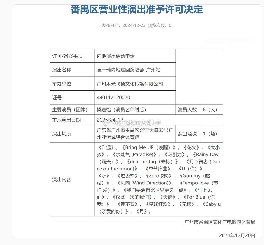 接投稿。[哆啦A梦吃惊]袁一琦的体育馆演唱会报批：明年4.19广州 