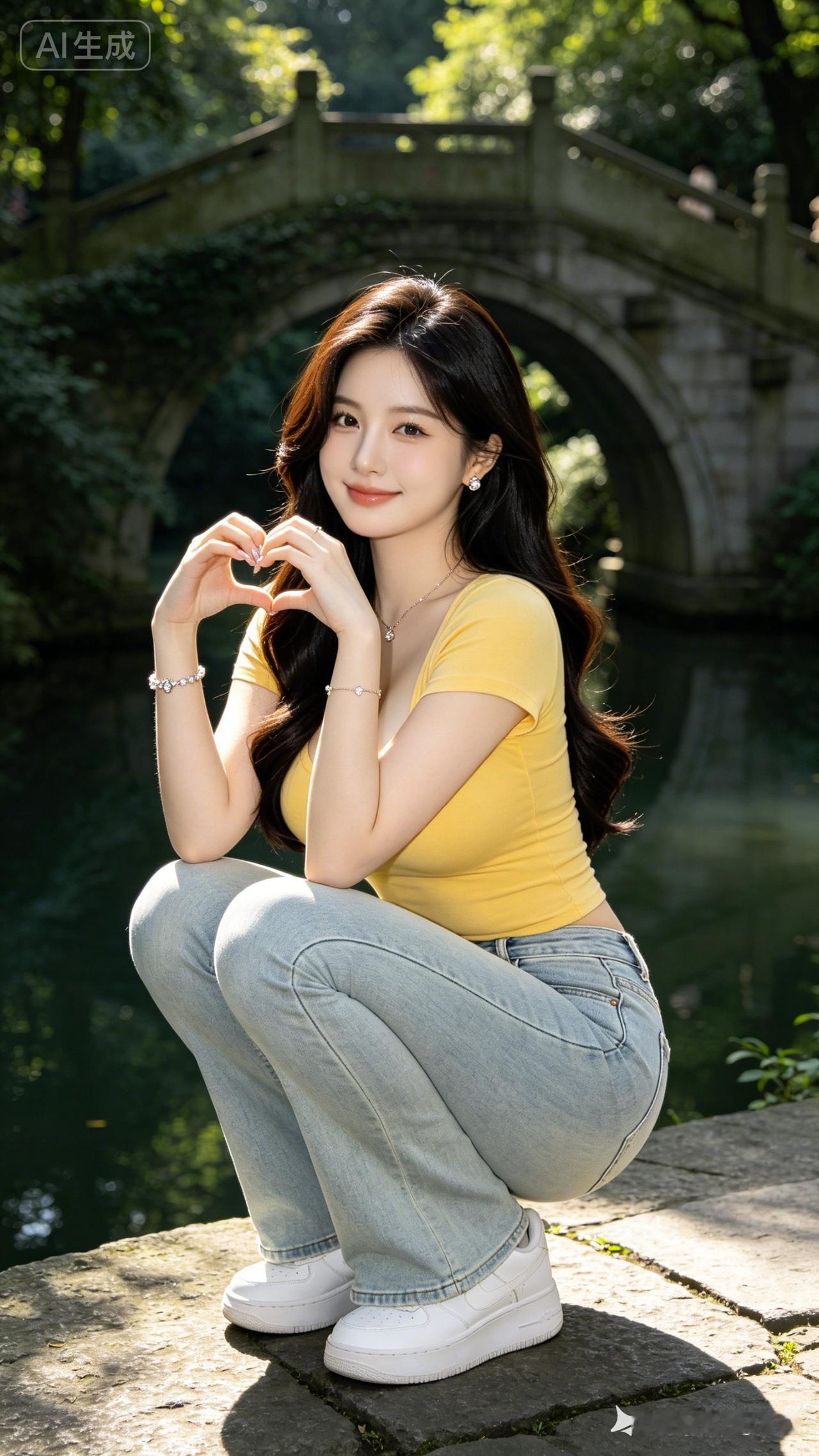 在古桥下，用爱心比出爱的姿势，甜美笑容，元气满满！💖🌿👗