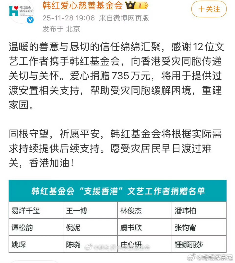 明星捐款正能量的虞书欣 香港加油