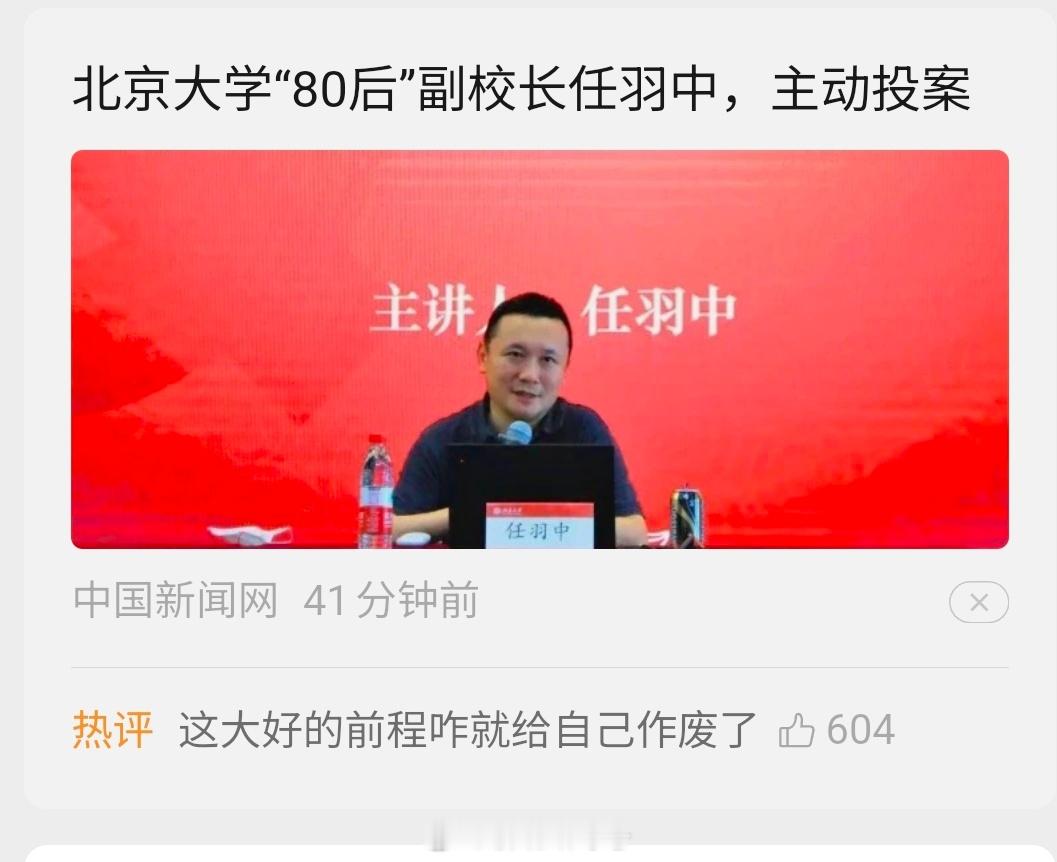北京大学党委常委、副校长任羽中涉嫌严重违纪违法，主动投案，目前正接受中央纪委国家