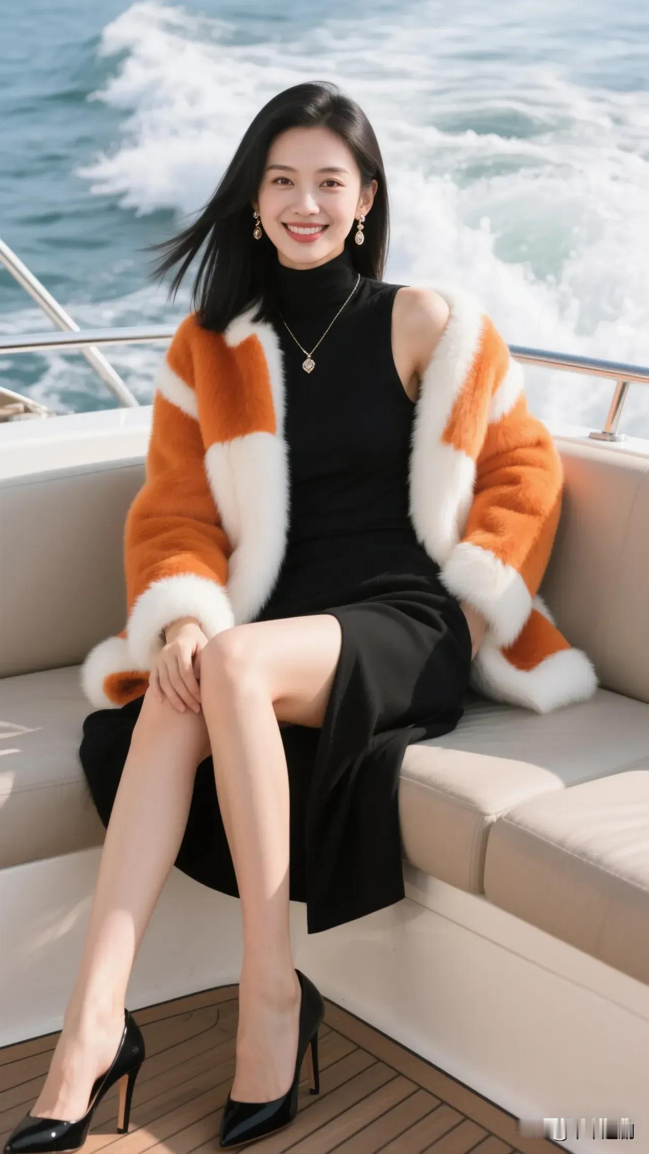 橙白撞色毛绒外套裹着暖意，黑裙高跟衬出利落气场，在游艇甲板上，任海风拂过短发，把