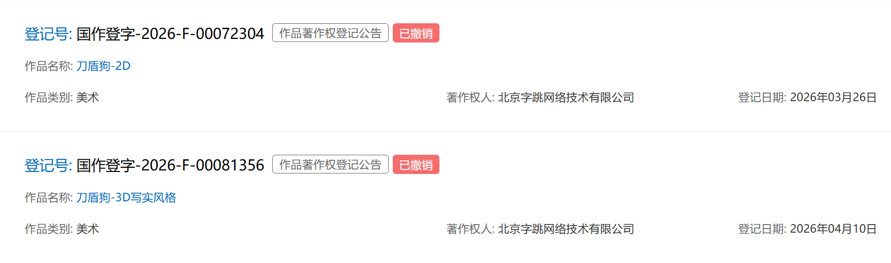 【字节撤销热门网络梗著作权】北京字跳网络技术有限公司已撤销了对「刀盾狗」「咕咕嘎
