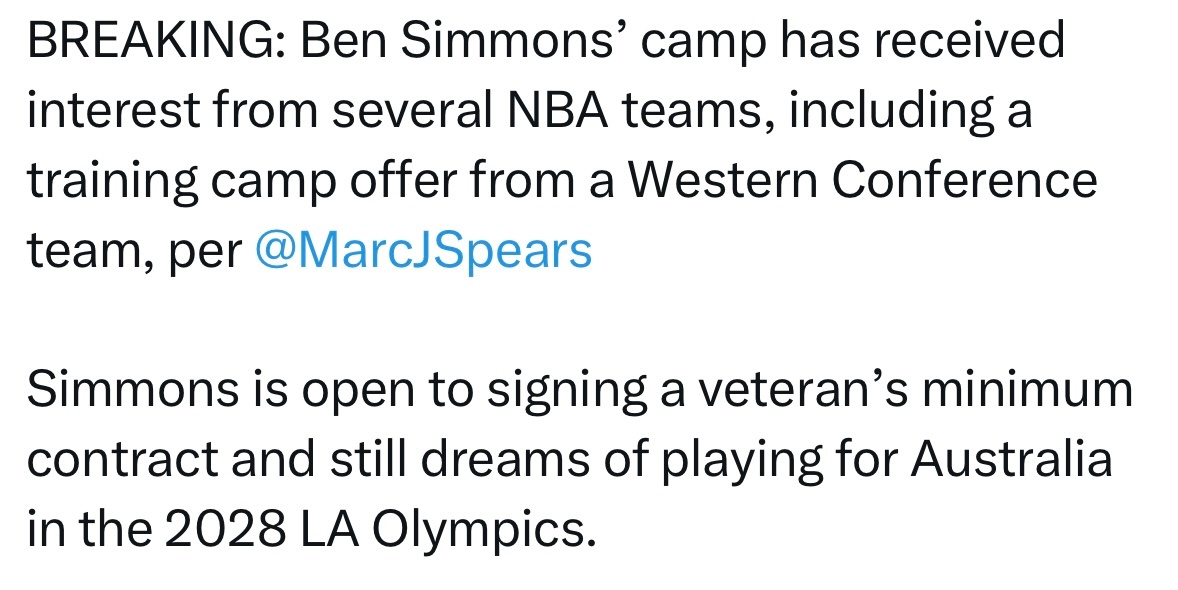 是佩总吗？Marc Spears：本-西蒙斯团队已经收到多支NBA球队的意向，其