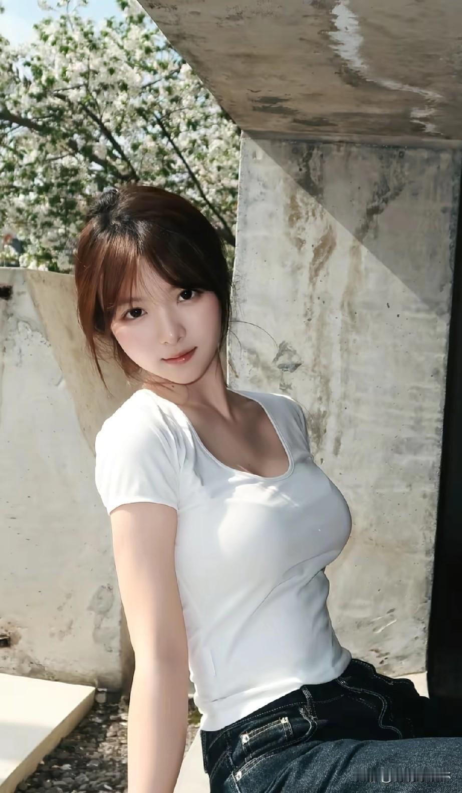 阳光下的甜美自拍，白色T恤与自然背景的完美搭配