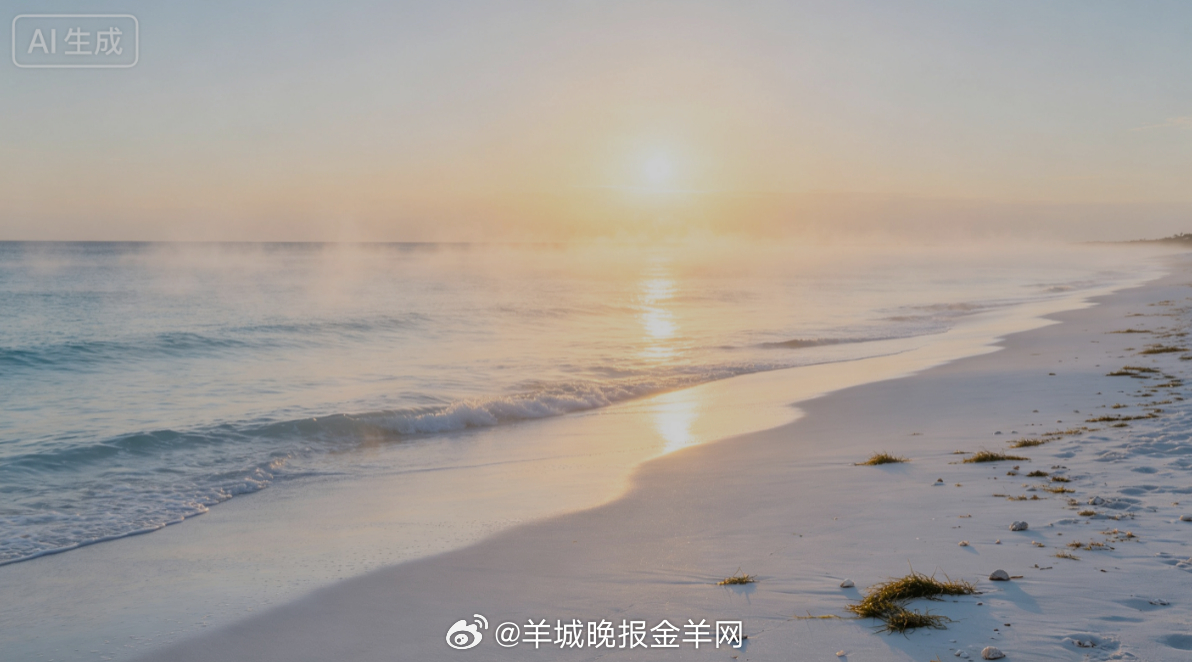 #早安# 晨风吹散海面轻薄薄雾，暖融融的朝阳轻铺在绵长白沙滩上。赤脚慢行踩过细软