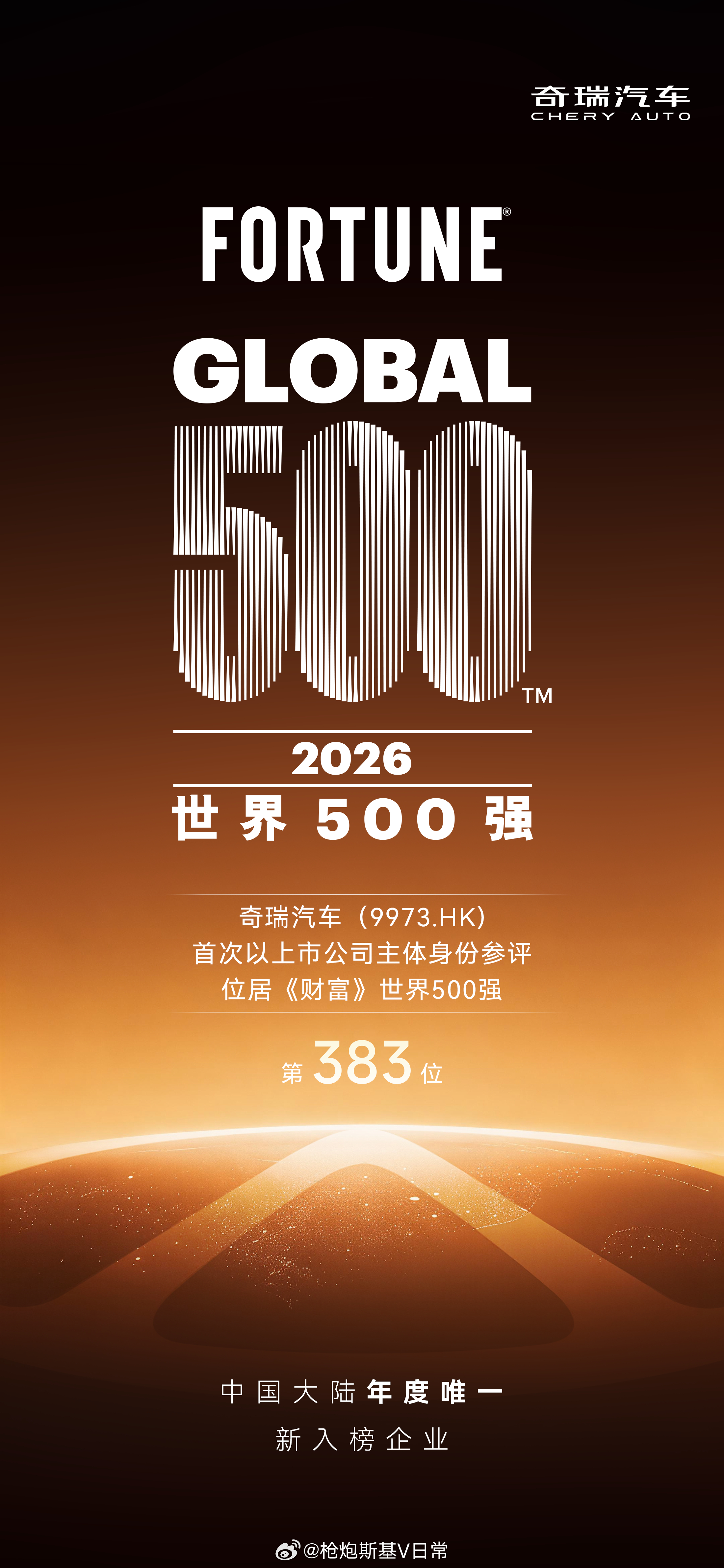 2026财富世界500强 奇瑞汽车首次以上市公司主体申报成为今年唯一新入榜大陆企