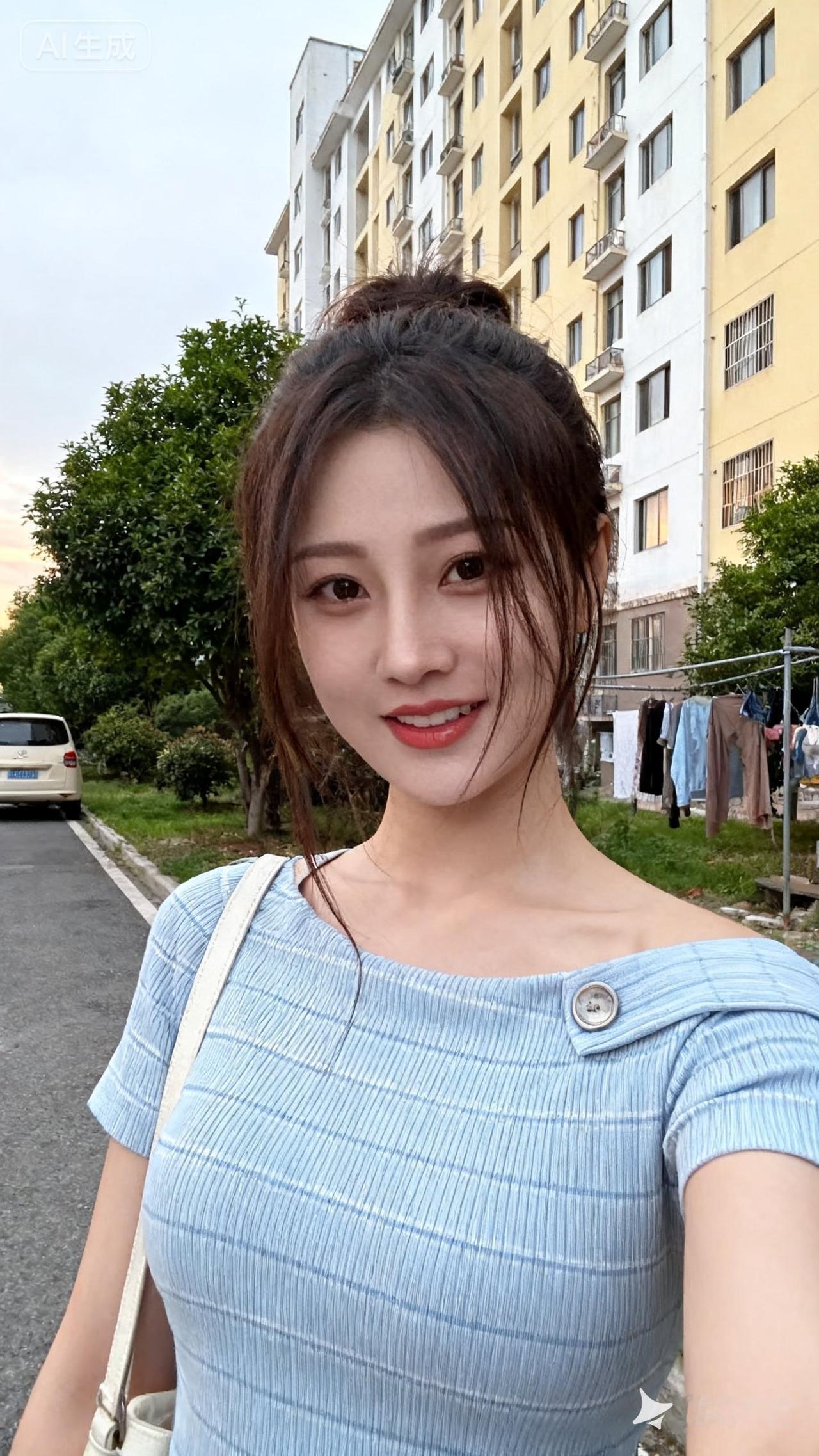 夏日清新穿搭，蓝白条纹连衣裙，元气满满的一天！🌞👗💃