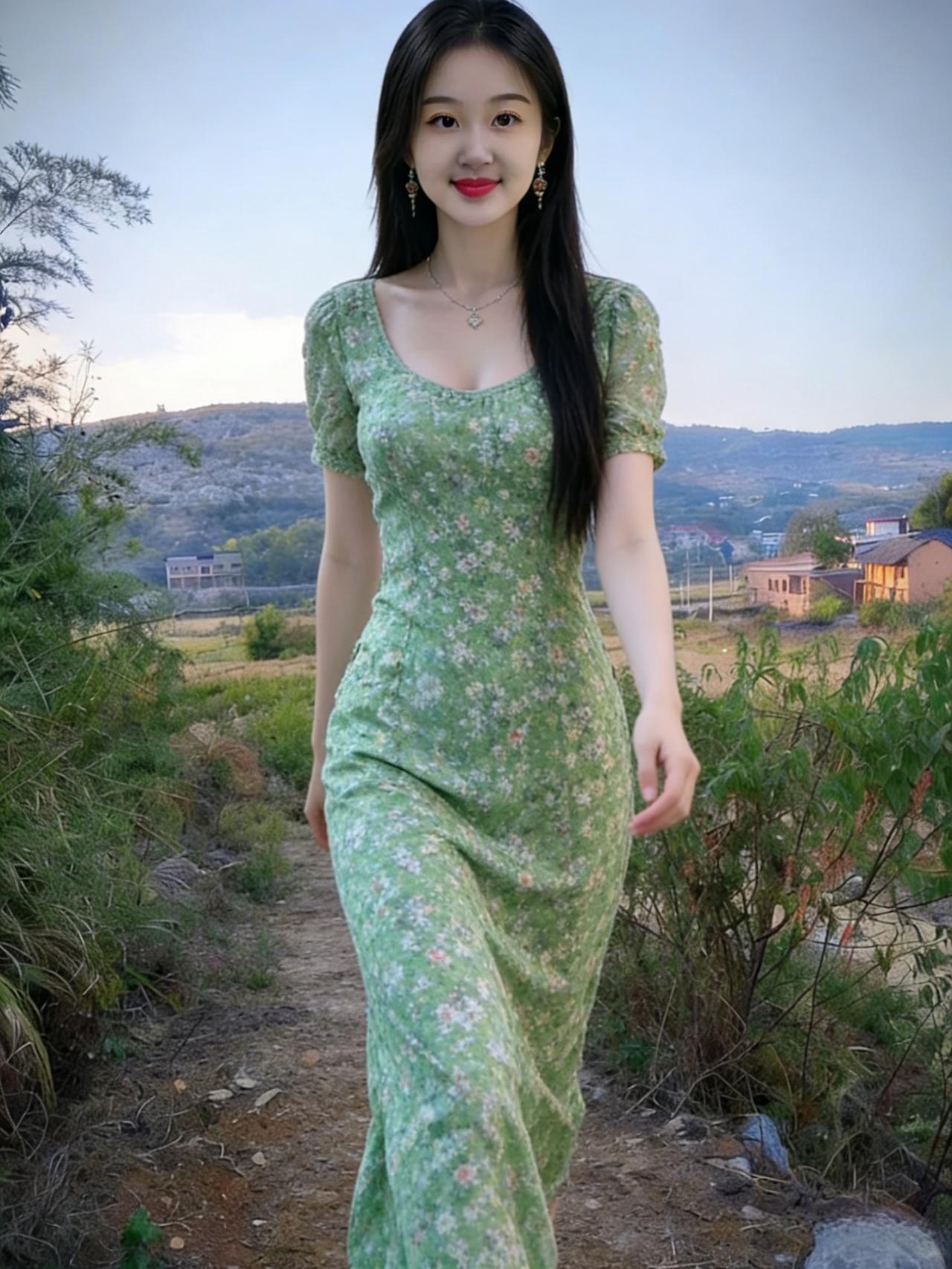 她从城市喧嚣走出来，踏入乡野晚风，
绿碎花裙卸去了所有刻意的雕琢。
唇角的红，是