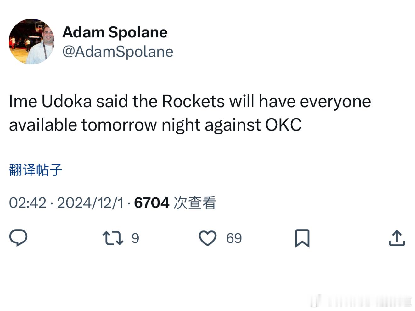 火箭明日战雷霆！所有人都可以出战。 
