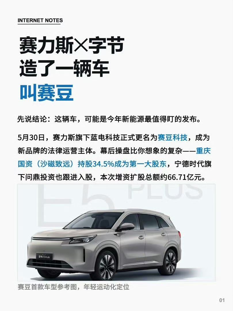 赛力斯旗下蓝电科技更名赛豆科技赛力斯×字节跳动全新品牌「赛豆科技」敲定6月9日首