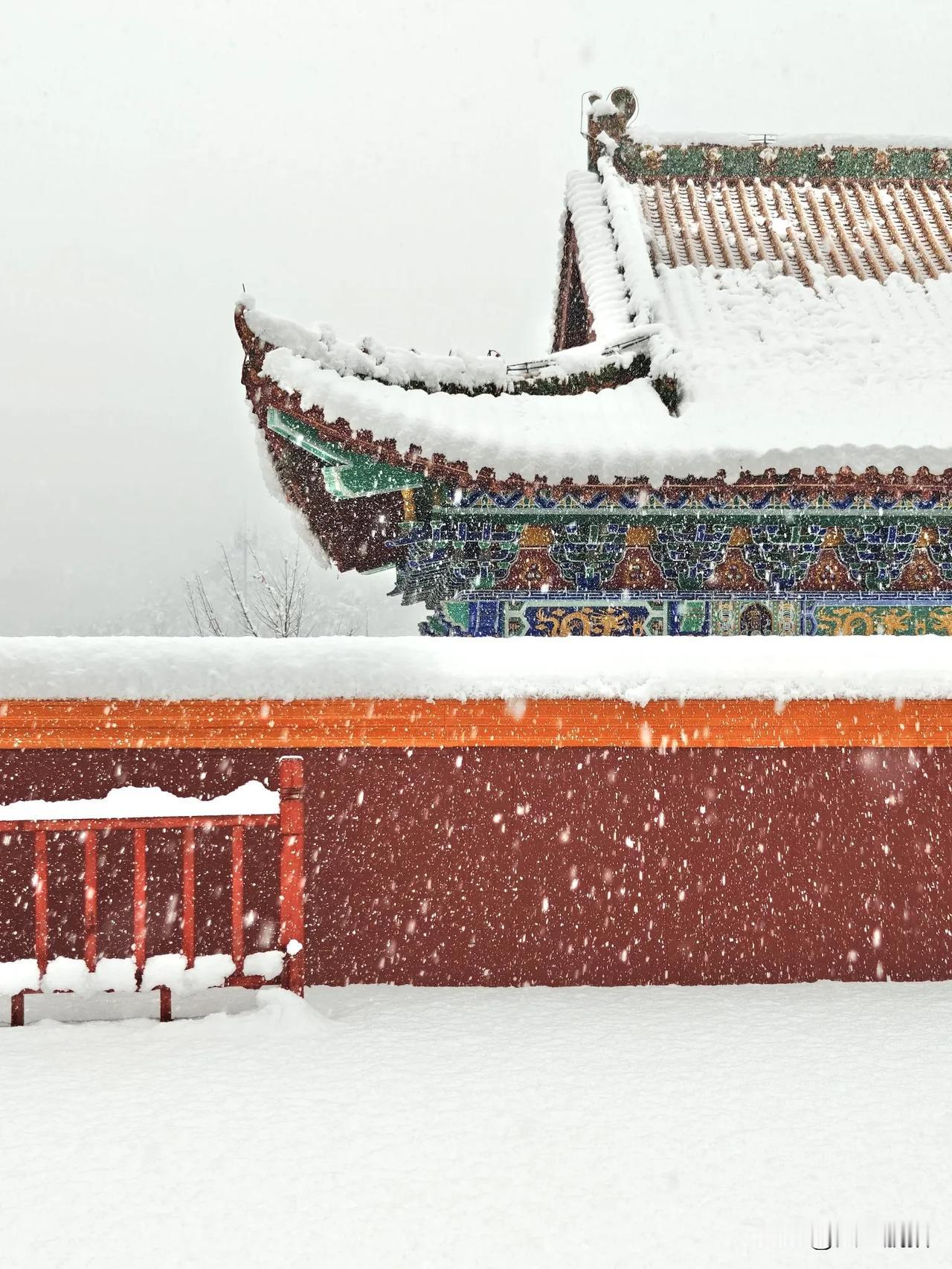 雪落红墙边，岁月静好间。威海广福寺