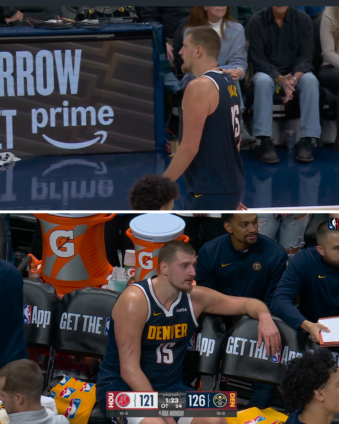 约基奇加时赛六犯离场，直接在替补席看着球队险胜火箭。掘金加时战胜火箭约基奇关键时