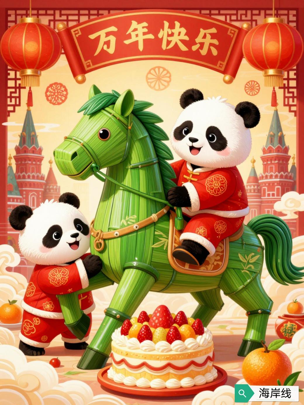 俄新社2月21日发了一组照片，莫斯科动物园里张灯结彩，主角是两只大熊猫——如意和