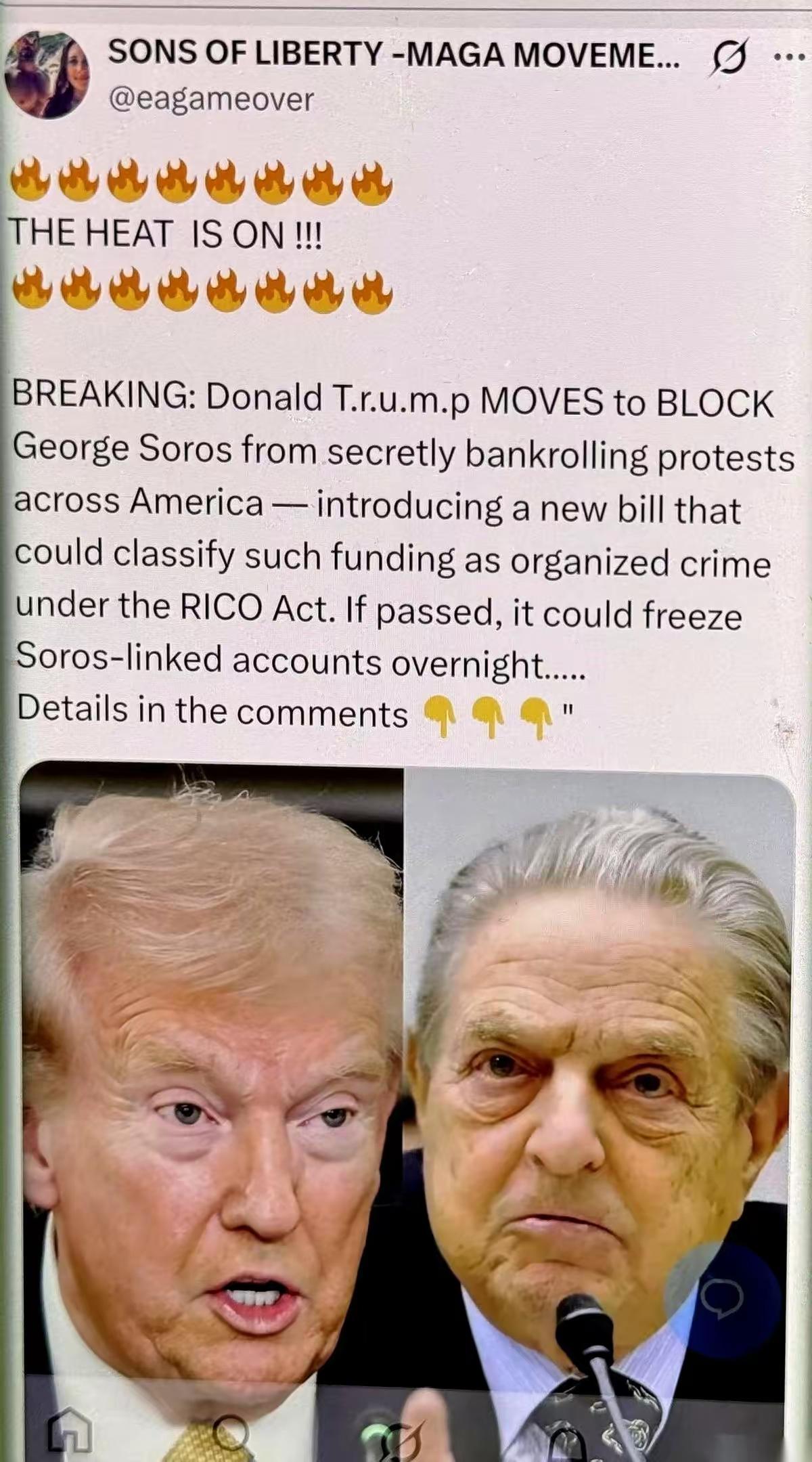 特朗普还真敢玩个大的，直接要掀桌子了，准备把索罗斯的钱给冻结了。
      索