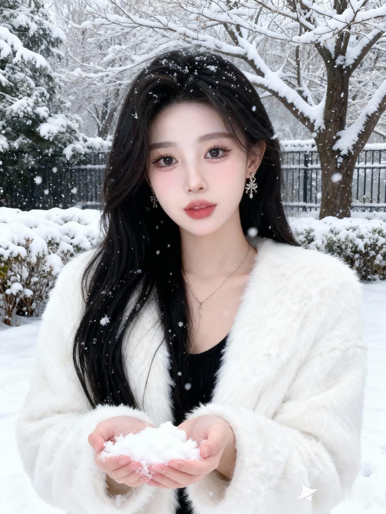 女子妆容精致，淡红唇亮眼，眼妆清透，长发乌黑披肩；身着白色毛绒外套，内搭黑色衣物