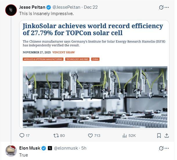 【马斯克点赞晶科能源光电转换效率新纪录】晶科能源近日宣布，其基于TOPCon技术