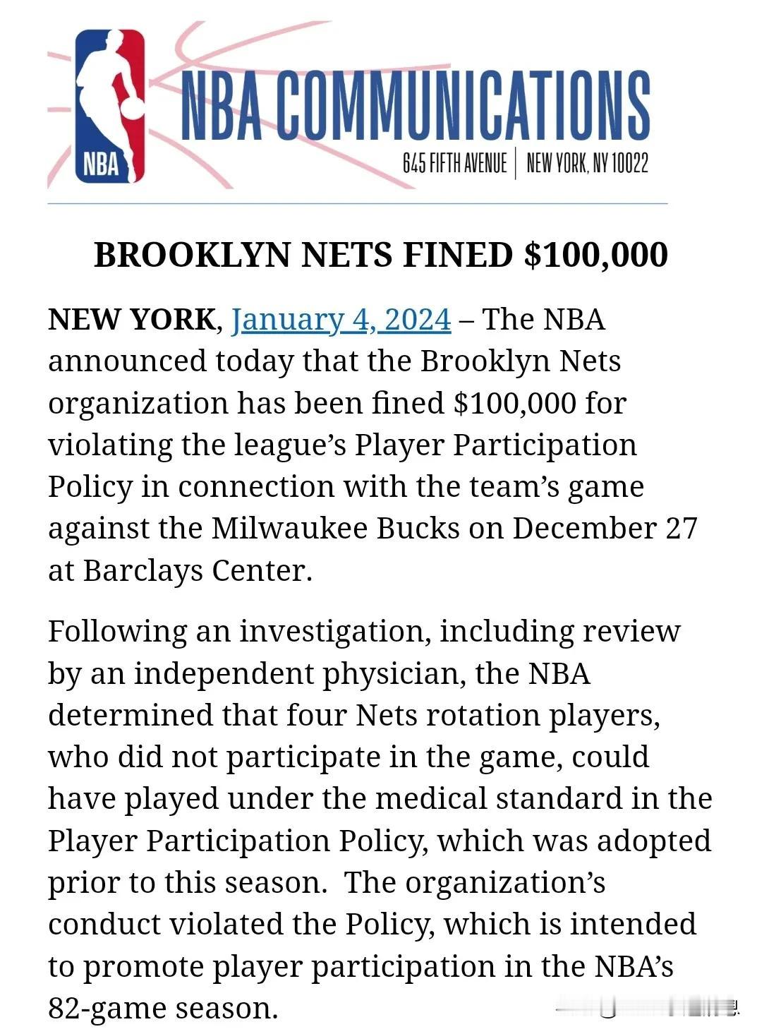 篮网队被NBA官方罚款10万美元。
1月5日，NBA官方今天宣布，布鲁克林篮网队