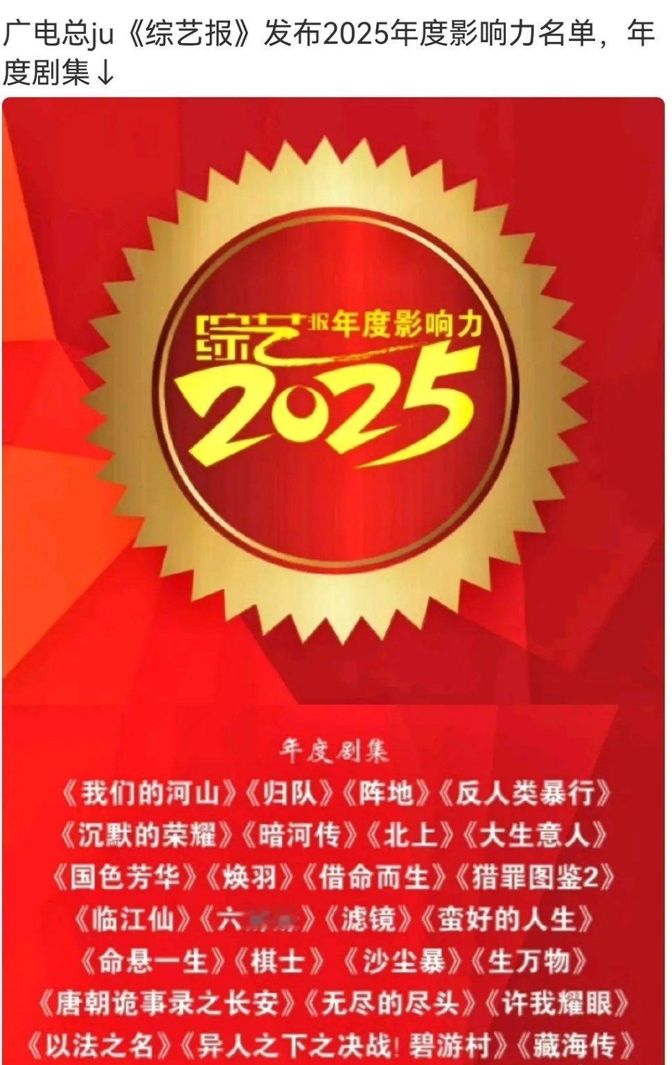 广电总局《综艺报》发布2025年度影响力名单年度剧集 