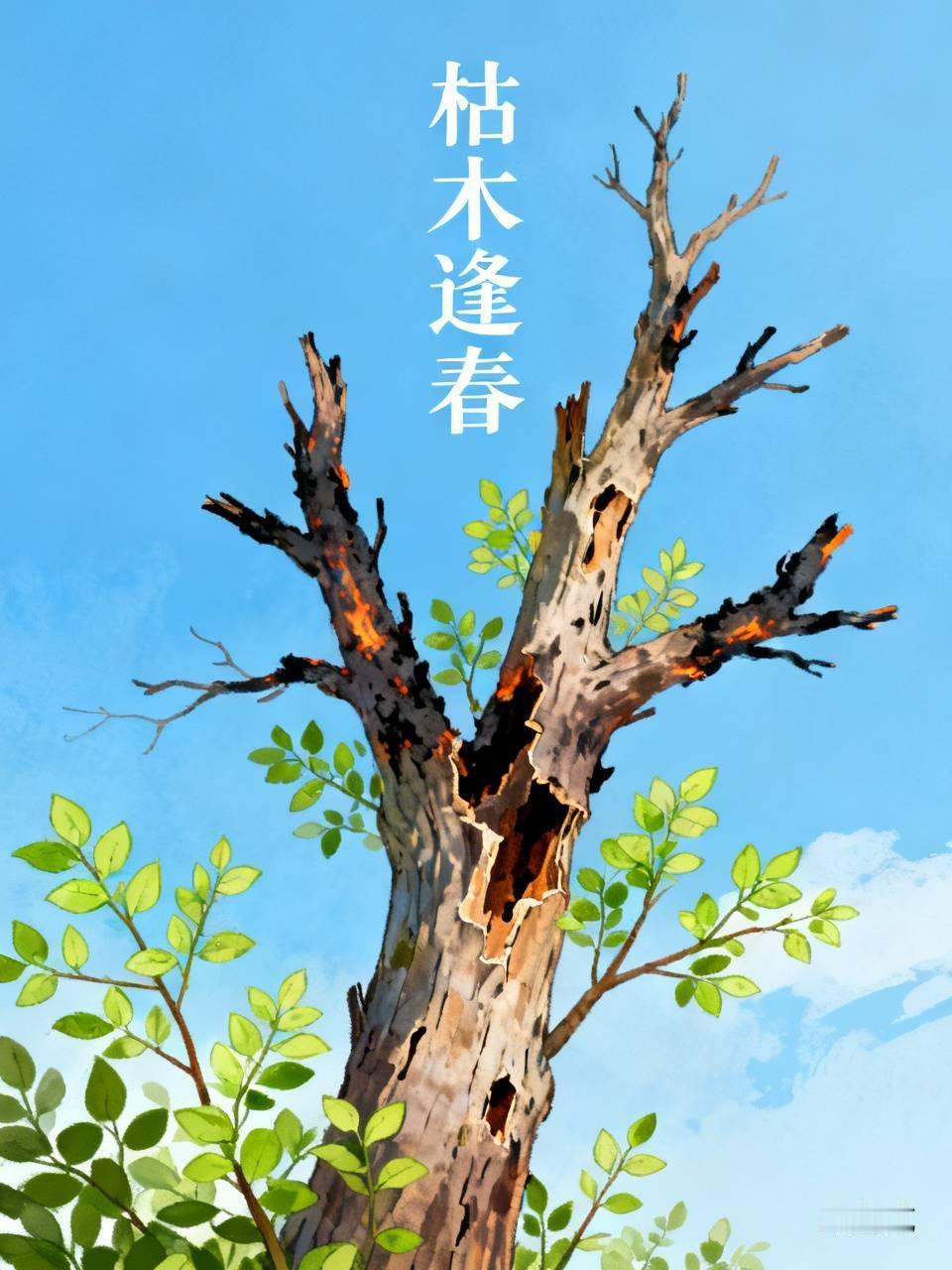 枯木逢春
一棵老树被雷劈断，只剩半截焦黑的树干。人们以为它已死去，可春天来临，树