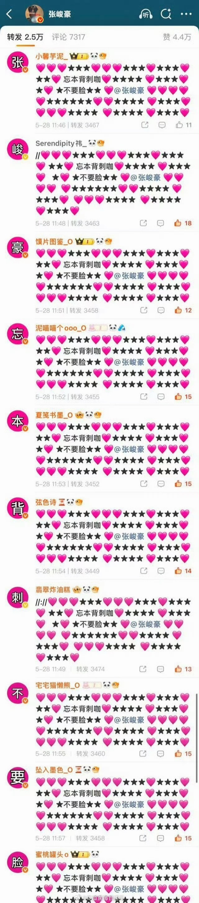 张子墨粉丝在张峻豪转发区排字，这是
