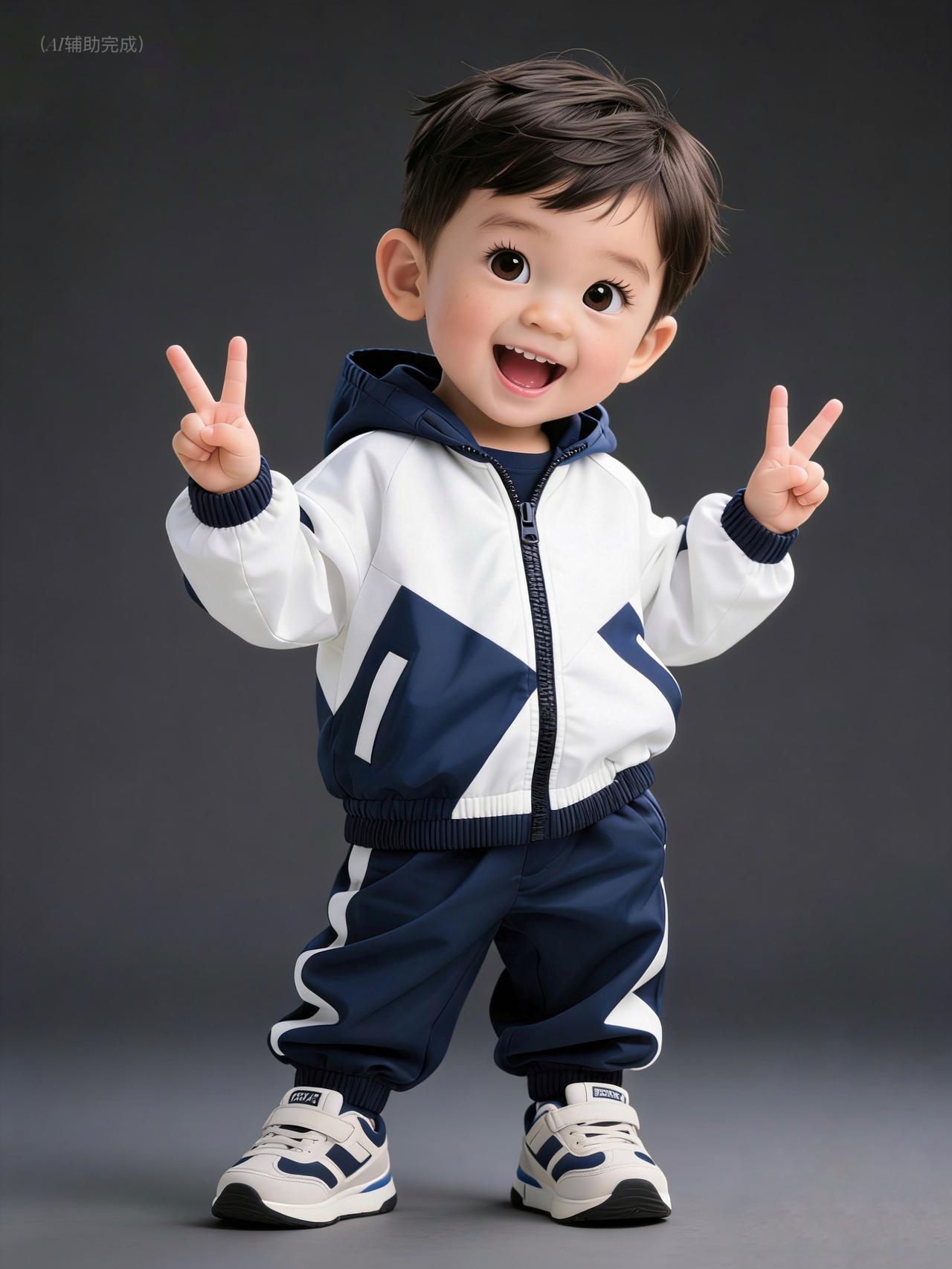 《童真阳光漫帧间》

乌黑短发衬亮眸，蓝白运动套装元气满。插兜踮脚比V俏，笑容甜