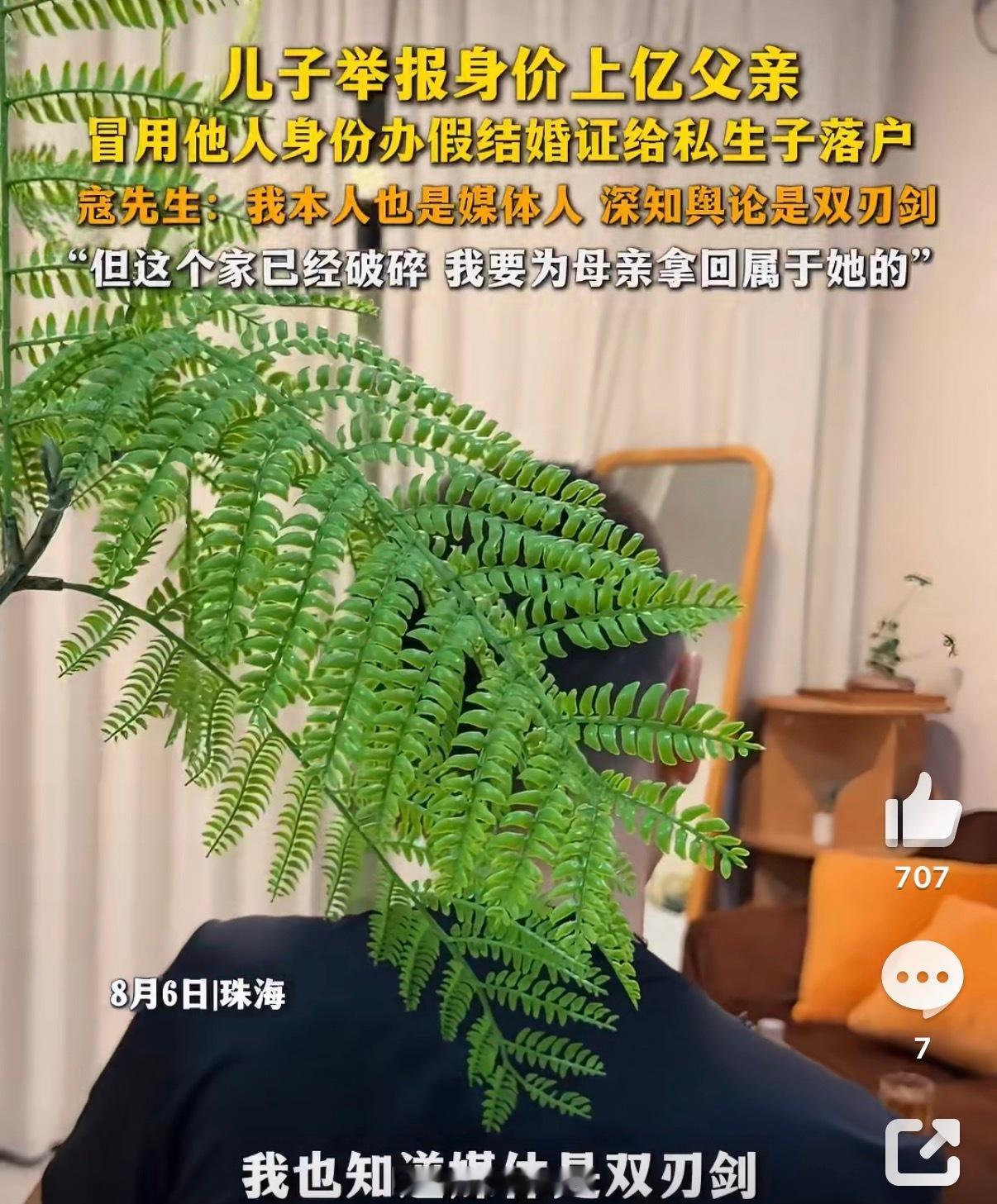 儿子举报身价上亿父亲说家已破碎儿子举报身价上亿父亲，冒用他人身份办假结婚证给私生