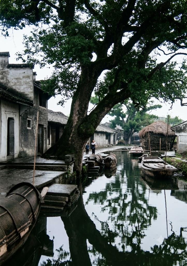1930年，浙江绍兴，一条平静的河道蜿蜒穿过画面，水面如镜，清晰地倒映着岸边的景