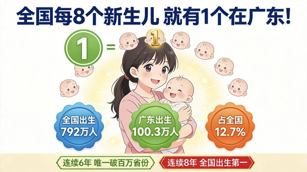 2025年全国出生792万人广东出生100.3万人占全国12.7%相当于全国每降