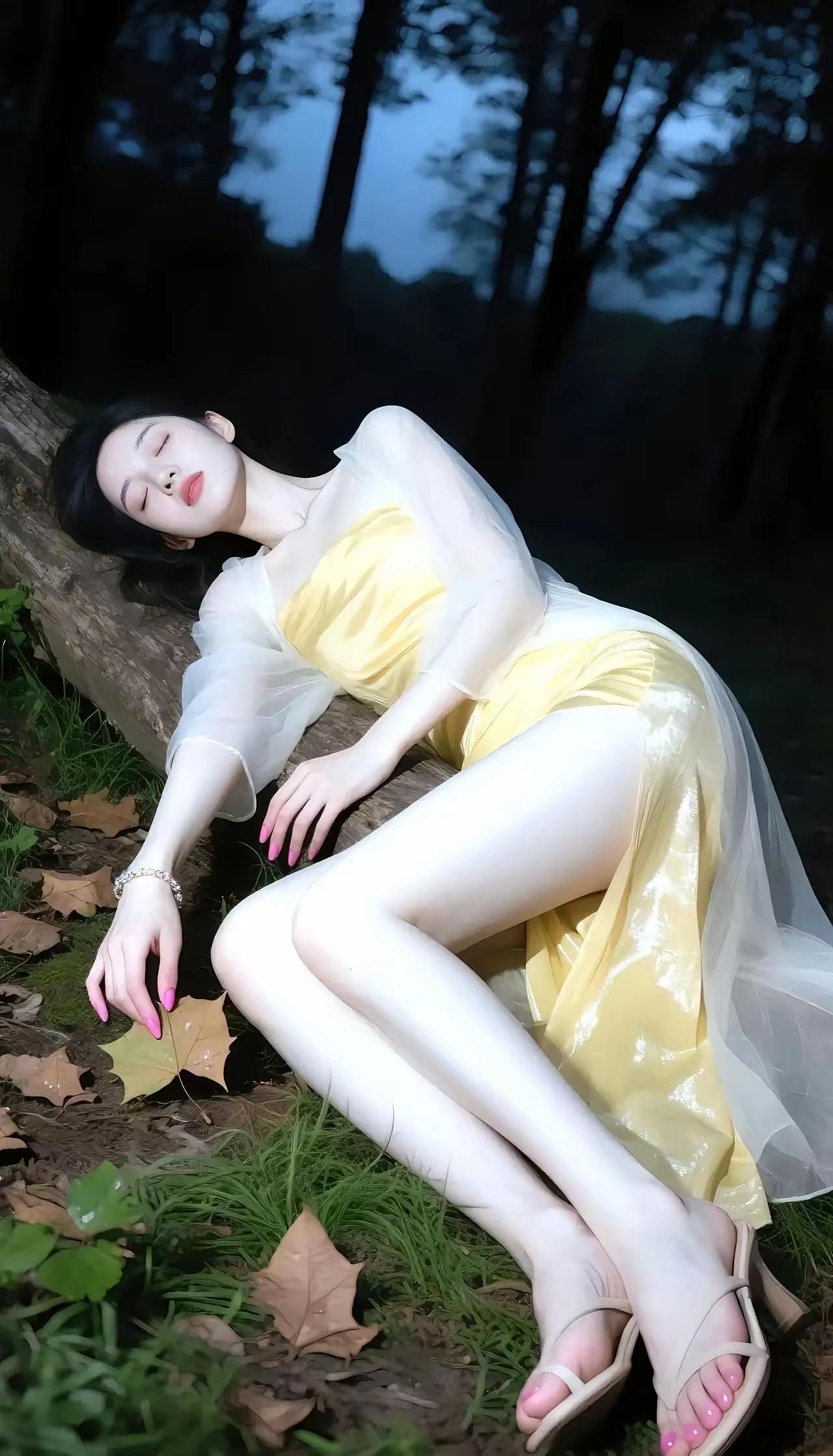 秋日森林中的梦幻少女，轻盈飘逸的黄色长裙，与大自然的和谐共舞。