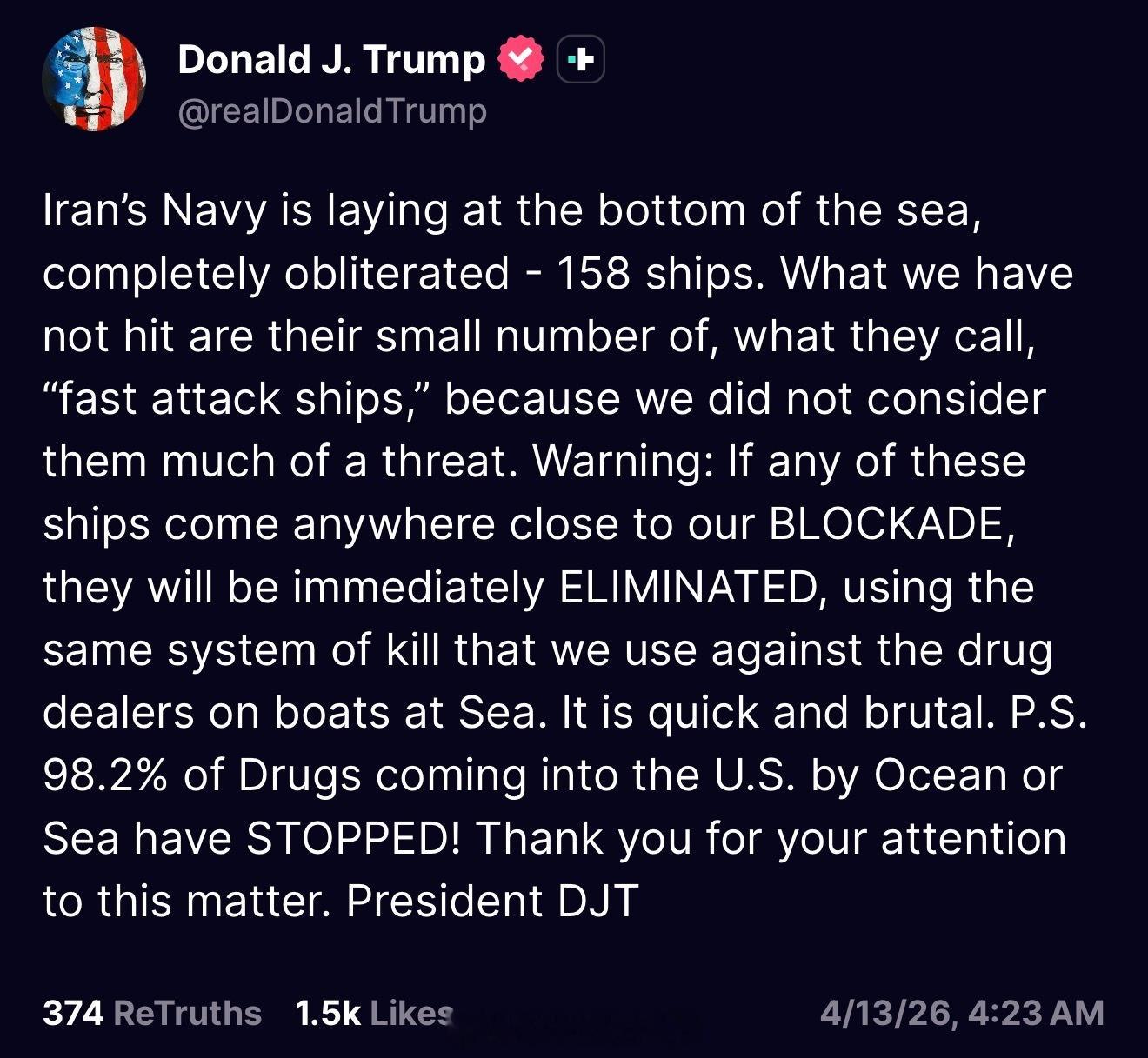 川普：“伊朗海军现在已经沉在海底，被彻底摧毁——158艘舰船全灭。我们唯一还没打