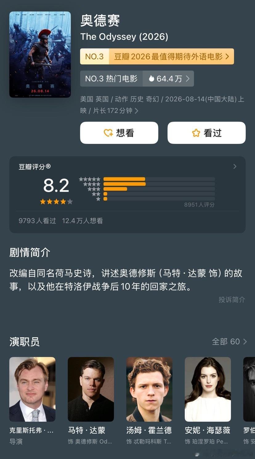 《奥德赛》豆瓣开分8.2分 