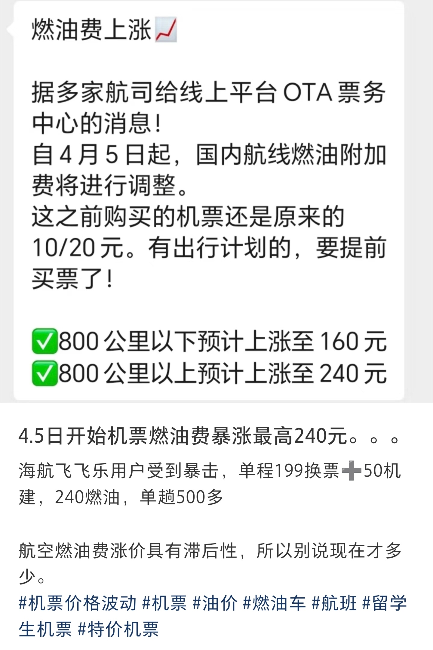【🆘】网传：4月起国内机票的燃油附加费将涨价！这次我是真的不行了