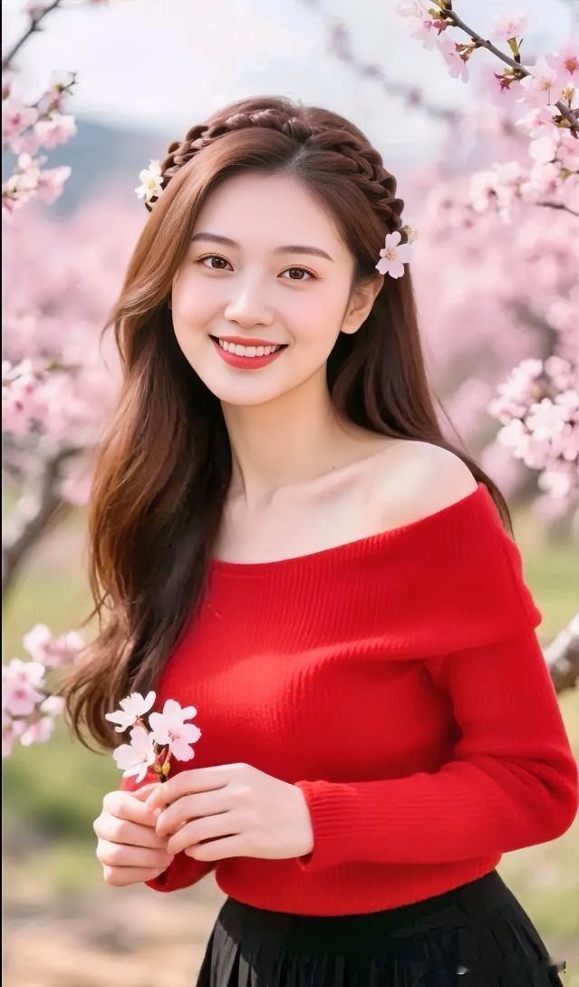 绯红衣袂映春光，落英轻嗅意徜徉。粉瓣缀发间，笑靥如花绽芬芳。人面与繁花相映，共谱