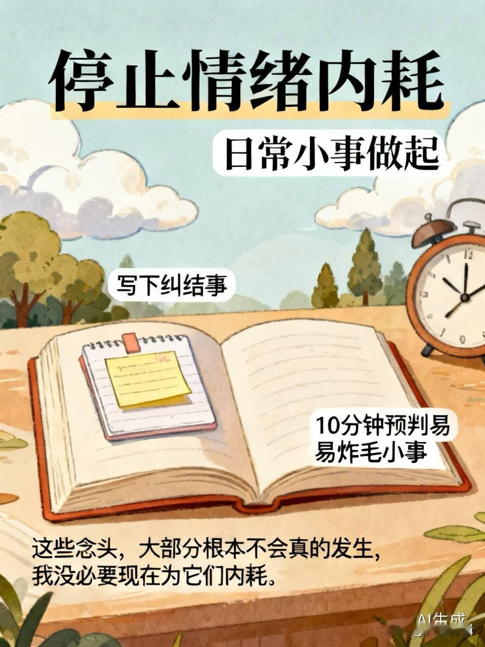 停止情绪内耗，从日常小事做起。
可以找个安静角落，花10分钟在纸上写下所有纠结事