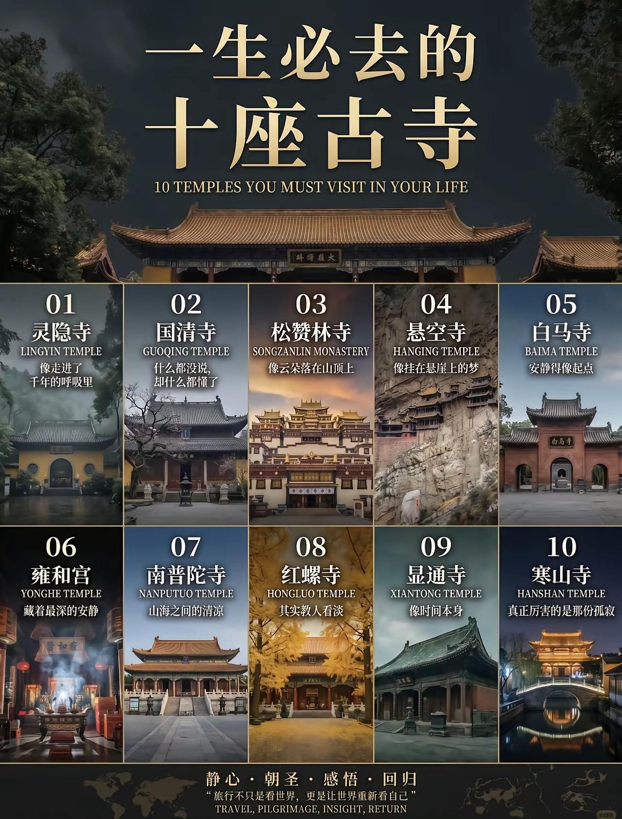 一生必去的十座古寺，寻一份人间清净
 
华夏大地，古寺林立。一座座千年古刹，藏着