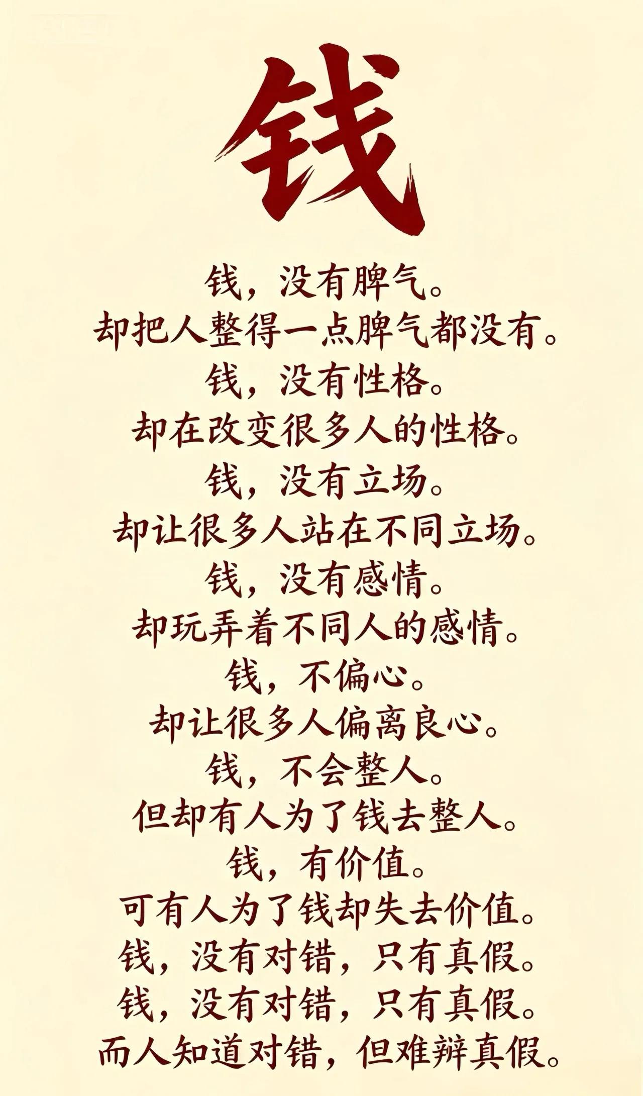 💰的真理：钱💰没有立场，却让无数人站成了对立面；
   钱没有感情，却玩弄了