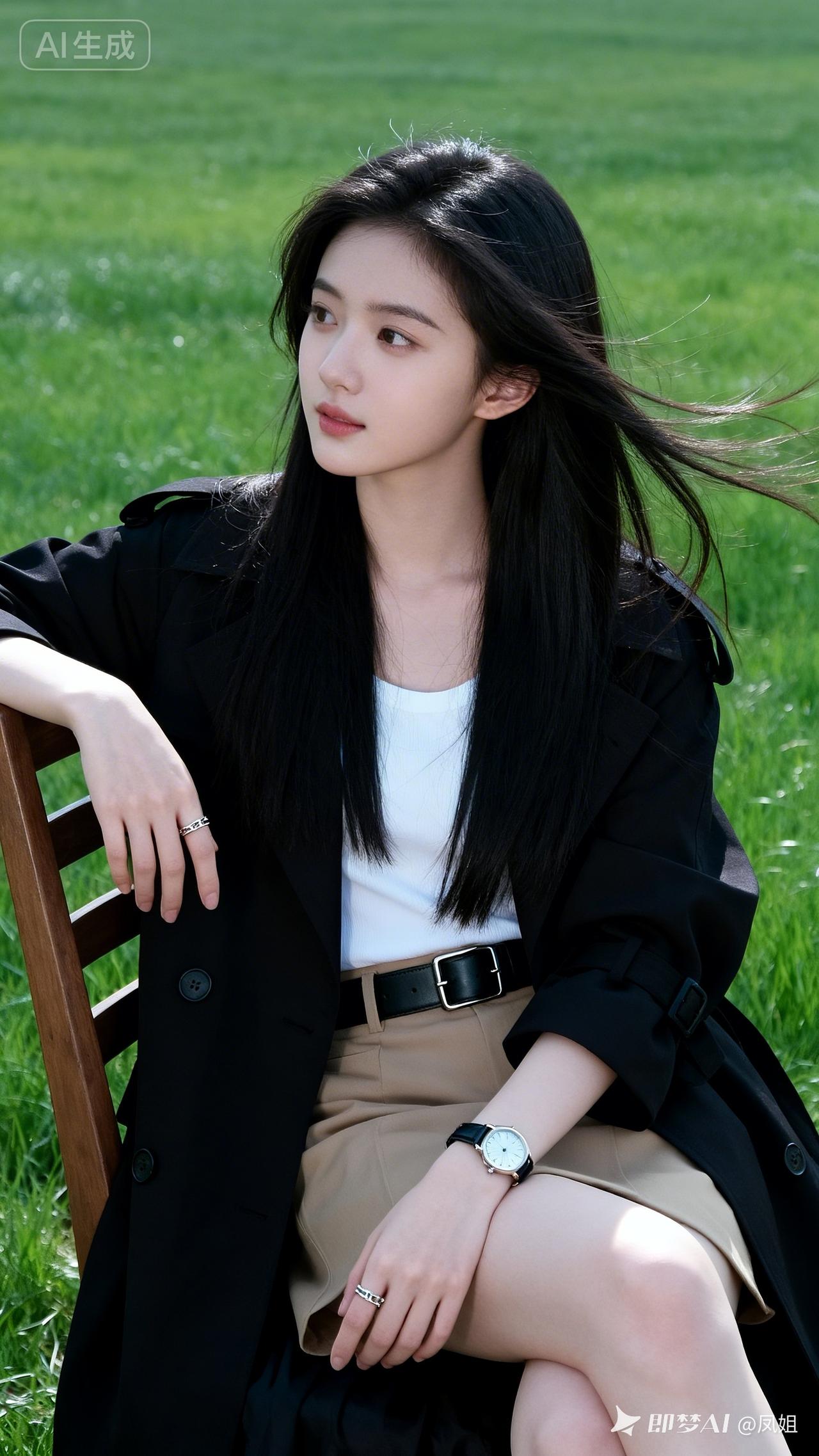 高颜值美少女黑长直，幼态网感纯欲妆，冷白皮陶瓷肌。白内搭+黑长风衣+卡其裙配黑腰