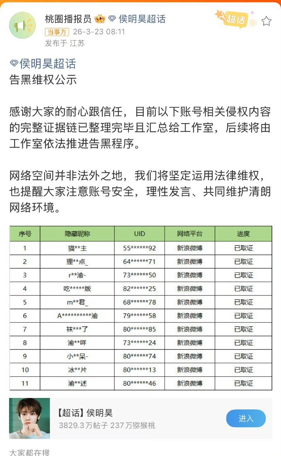 侯明昊把田栩宁梓渝cpf告了 他们两家发生什么了 