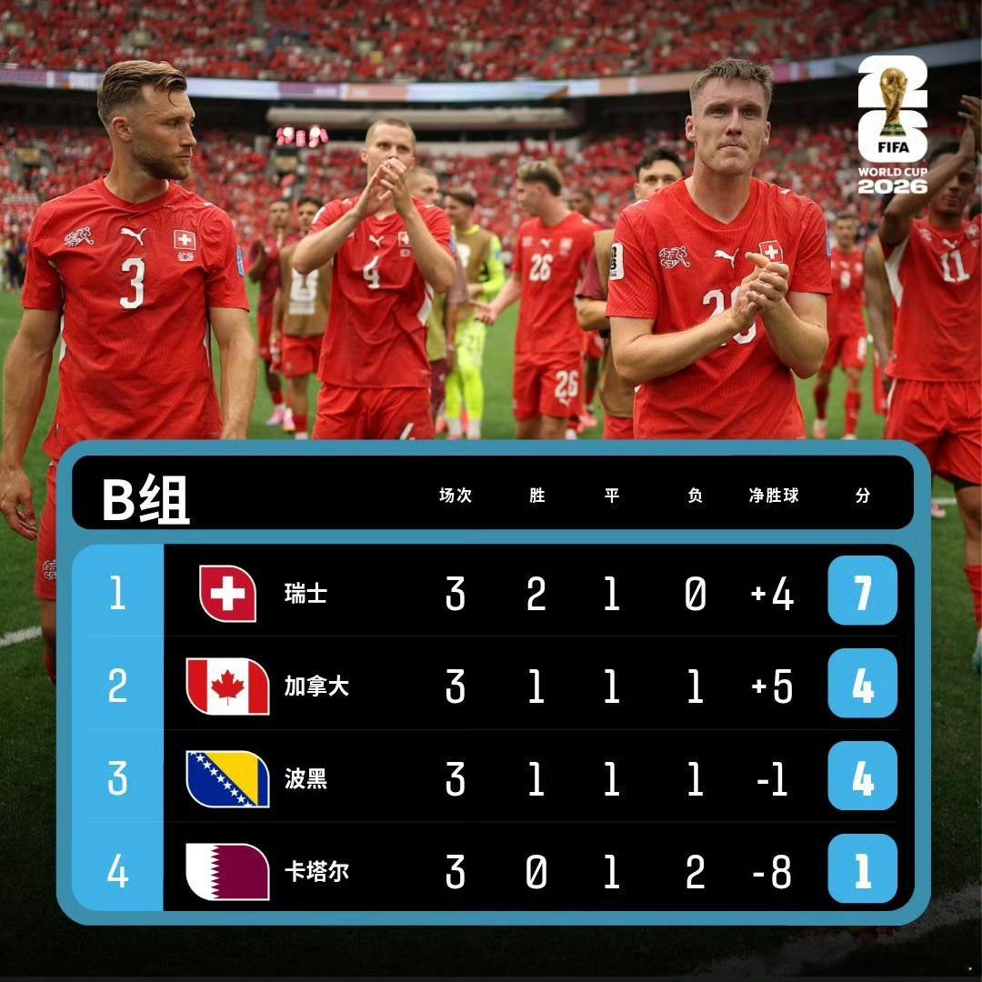 小组赛B组第三轮战罢瑞士2-1战胜东道主加拿大，以头名出线，加拿大也以净胜球优势