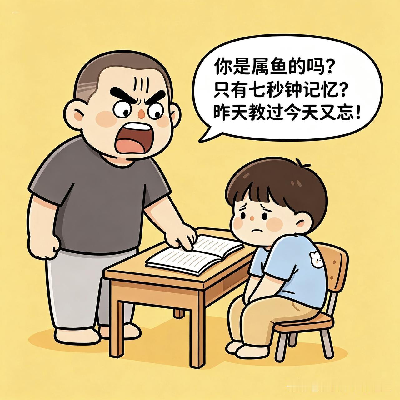 6. 辅导现场

爸爸辅导儿子数学，看到简单的加法题儿子都不会，气得拍桌子：“你