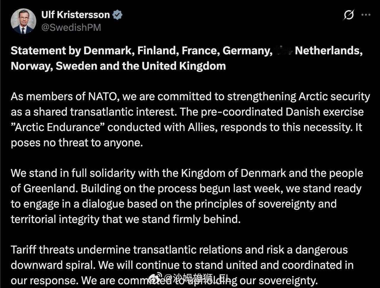 芬兰、法国、德国、荷兰、挪威、瑞典和英国与丹麦就格陵兰岛问题发表联合声明：1、各