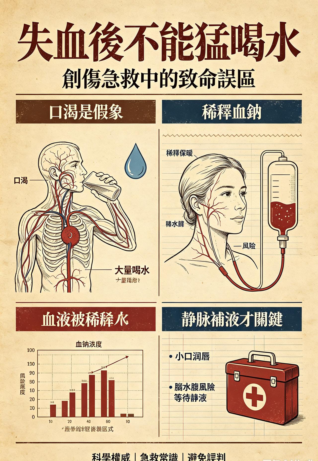 你敢信，原来大量失血后猛灌水竟然是致命的！
   严重失血伤者口渴，是血量变少带