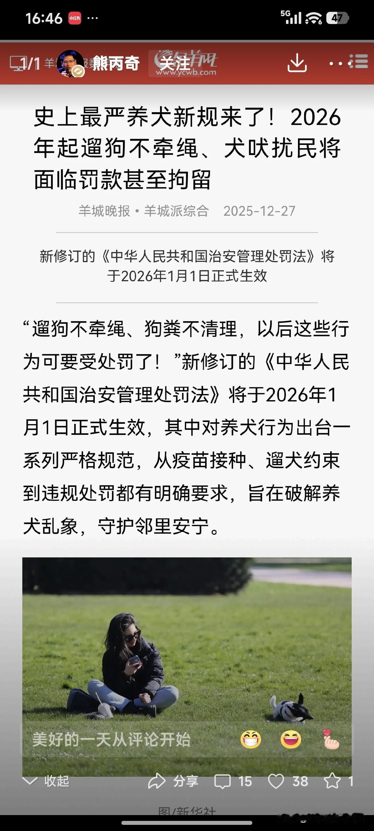 史上最严养犬新规来了！2026年起遛狗不牵绳，犬吠扰民将面临罚款甚至拘留。
随着